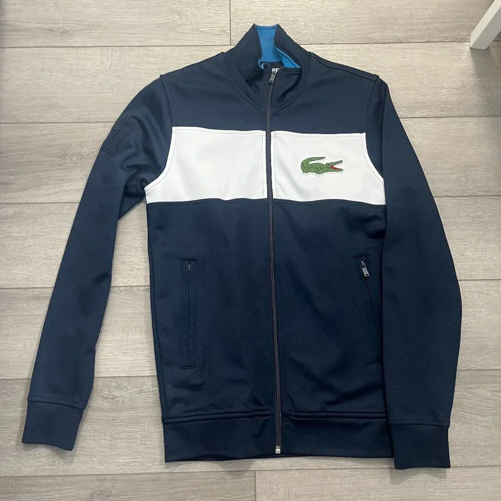 Lacoste Navy Blue and White Large Crocodile Athletic Jacket Size 3 Vintage - Picture 1 of 8